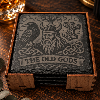 Relics of the Old World – Engraved Slate Coaster Quartet (with Holder)