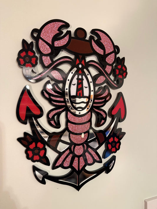 Side view highlighting the layered acrylic construction and glossy finish of the red, black, glitter pink and mirror tones.