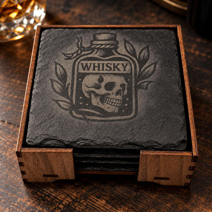 The Sinister Spirits Collection – Engraved Slate Coaster Quartet (with Holder)