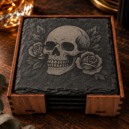 The Tattooed Talisman Set – Engraved Slate Coaster Quartet (with Holder)