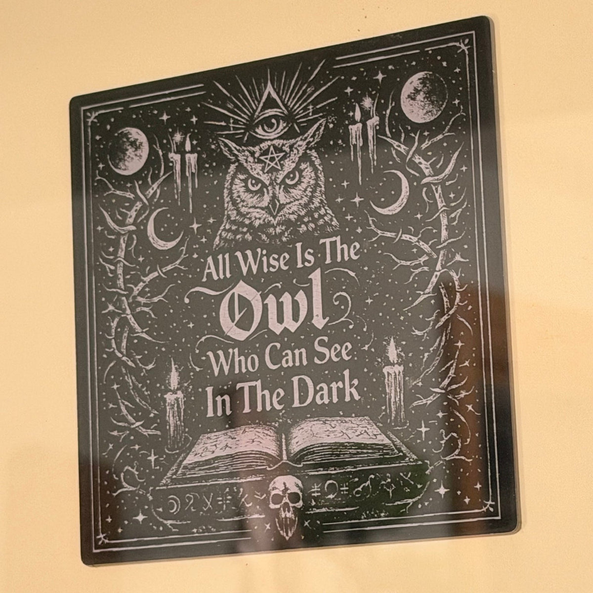 All Wise Owl — close-up of original engraved acrylic artwork