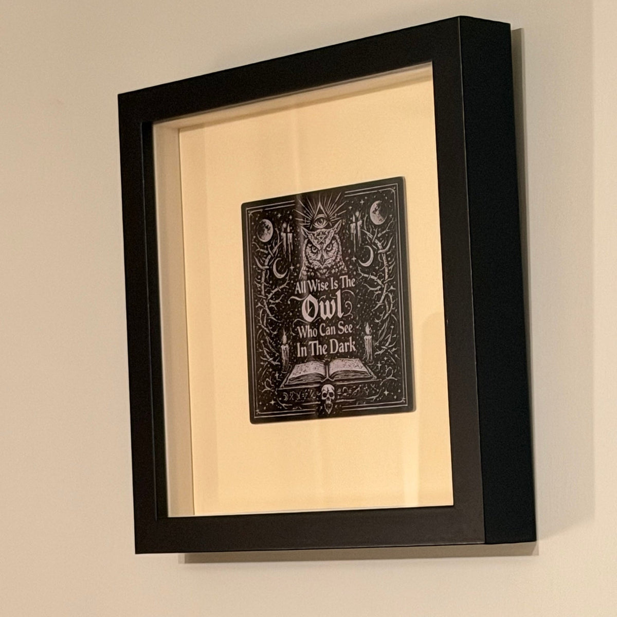 All Wise Owl — angled view showing the shadow-box frame depth
