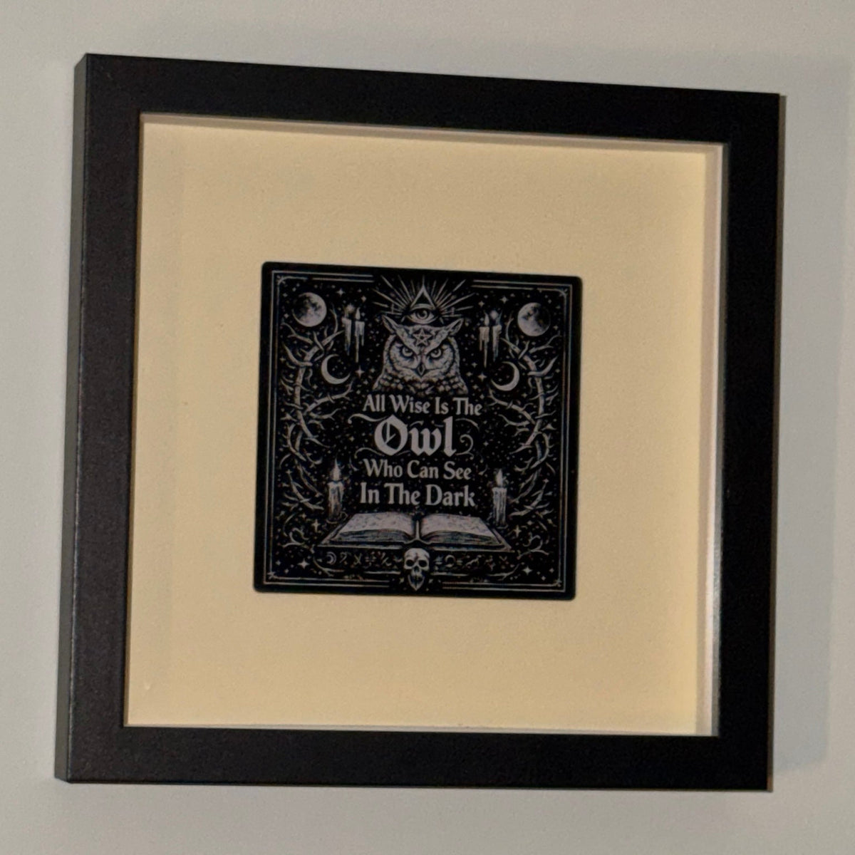 All Wise Owl — Framed Esoteric Art in black shadow-box frame, 18 cm square, with warm ivory backing and 95 mm engraved acrylic artwork