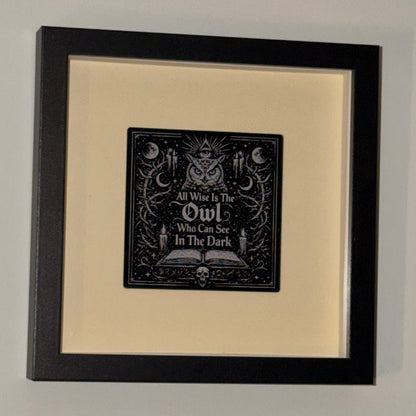 All Wise Owl — Framed Esoteric Art in black shadow-box frame, 18 cm square, with warm ivory backing and 95 mm engraved acrylic artwork