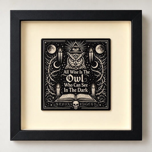 All Wise Owl — front-facing framed engraved artwork, studio hero photograph