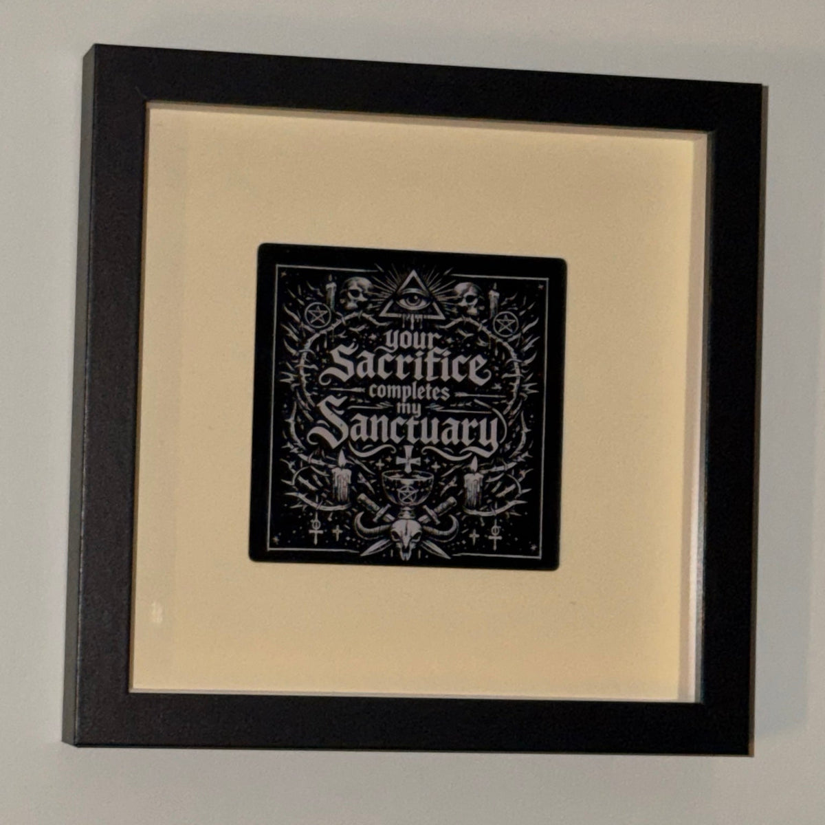 Sanctuary — Framed Esoteric Art in black shadow-box frame, 18 cm square, with warm ivory backing and 95 mm engraved acrylic artwork