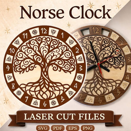 Norse Tree of Life Clock laser cutting digital file