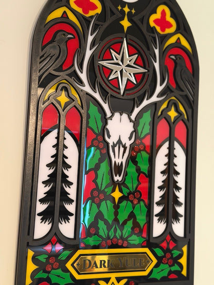 Close-up detail of Dark Yule gothic wall hanging showing ravens, antlers, skull and holly