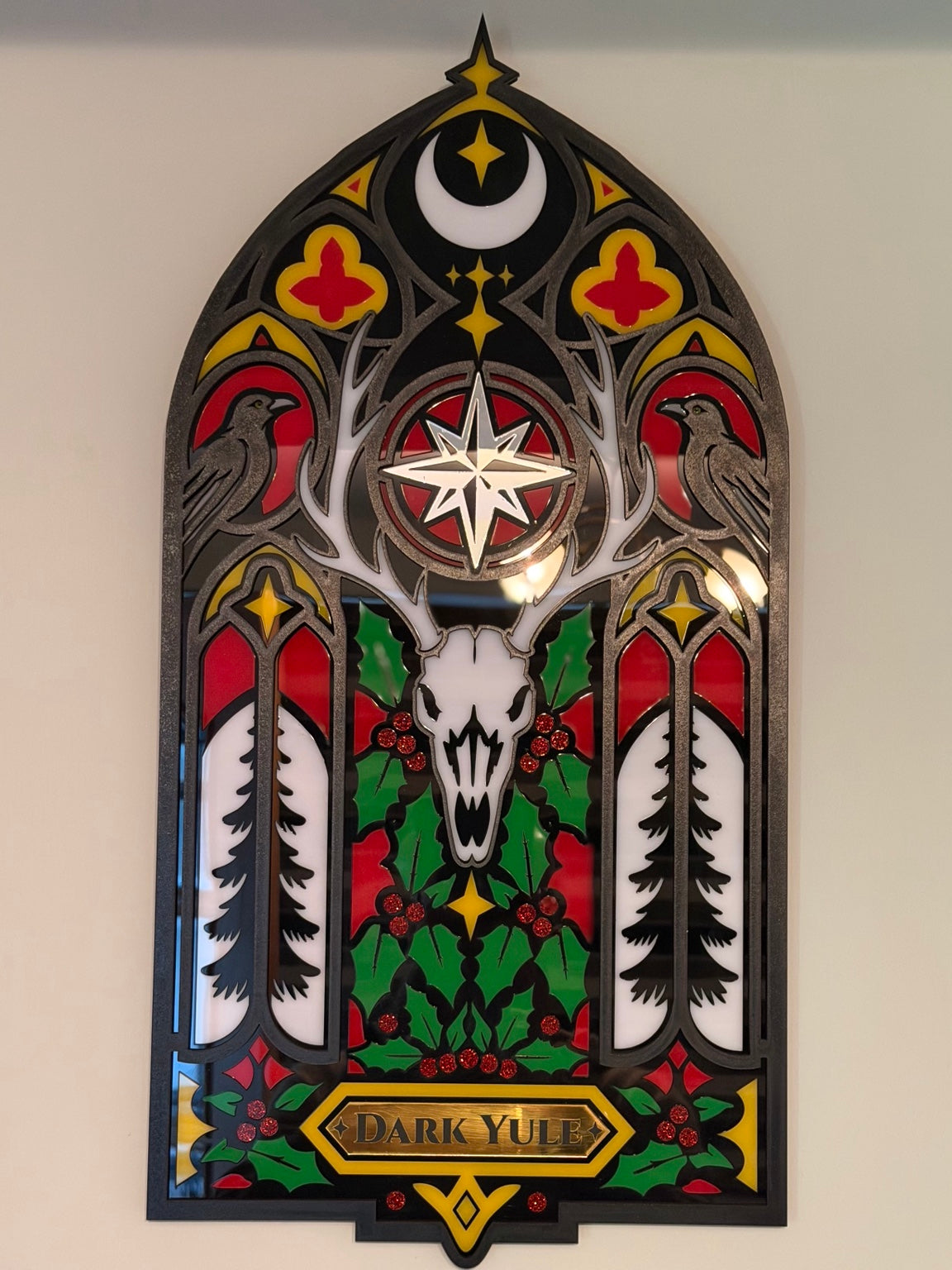 Front view of Dark Yule gothic wall hanging mounted on a wall