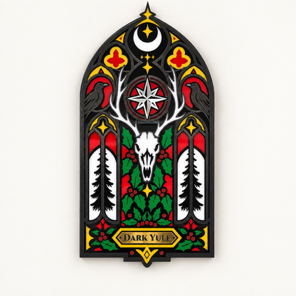 Dark Yule gothic wall hanging with ravens, crescent moon, antlered skull and holly
