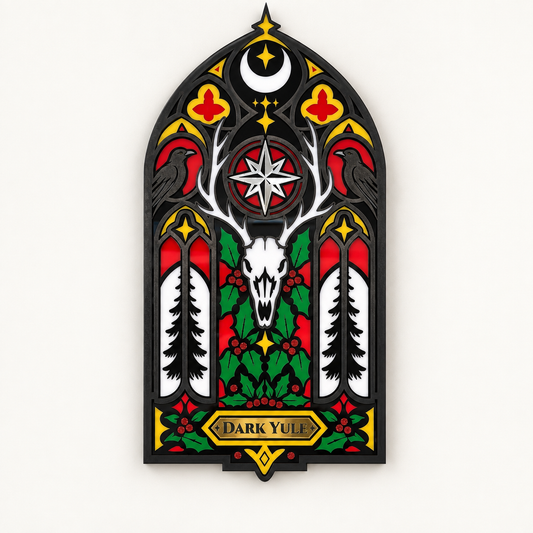 Dark Yule gothic wall hanging with ravens, crescent moon, antlered skull and holly