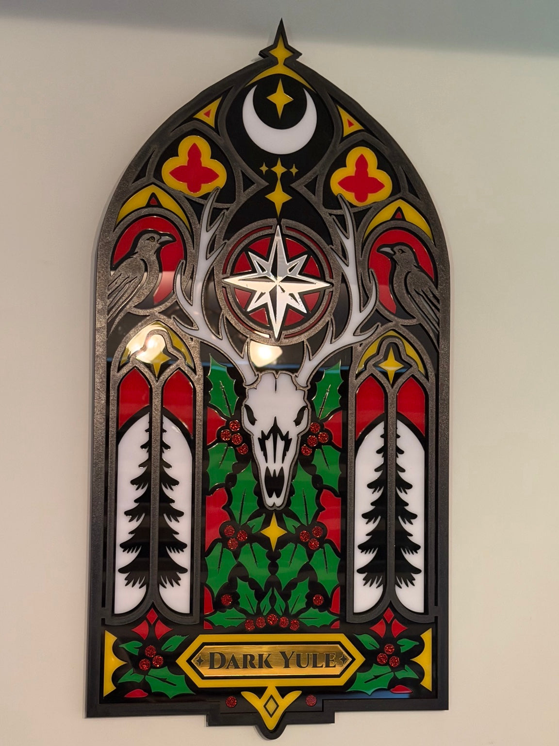 Dark Yule gothic wall hanging mounted on a wall with layered MDF and acrylic details