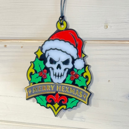 Angled view of Merry Hexmas Santa Skull ornament showing layered construction