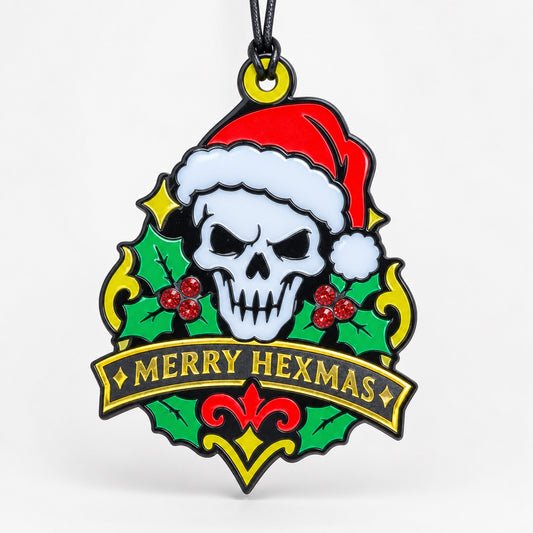 Merry Hexmas Santa Skull ornament on a clean light background